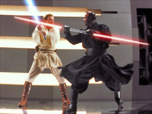 Pojedynek między Obi-Wanem i Darthem Maulem.