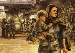 Shmi wraz z trzyletnim Anakinem przybywają na Tatooine.