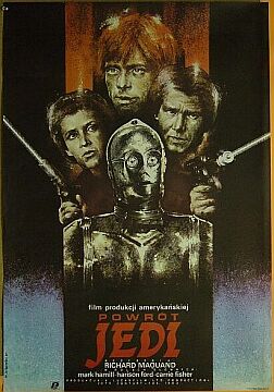 Polski plakat przedstawiający C-3PO, Luke'a Skywalkera, Hana Soloa i Leię Organę.